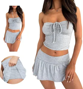 Summer Two Piece Outfits for Women Y2K Going Out Tie Ruched Tube Crop Tops Low Rise Pleated Mini Skort Skirt Sets