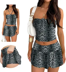 Summer Two Piece Outfits for Women Y2K Going Out Tie Ruched Tube Crop Tops Low Rise Pleated Mini Skort Skirt Sets
