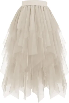 Tulle Skirts for Women Mesh Tiered Layered Asymmetrical Hem High Low Elastic High Waist Prom Party Tutu Midi Skirt