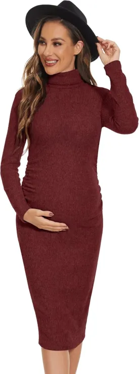 Turtleneck Ribbed Maternity Dress/Ruched Knit Sweater Bodycon Pregnancy Dress Casual Wear Baby Shower