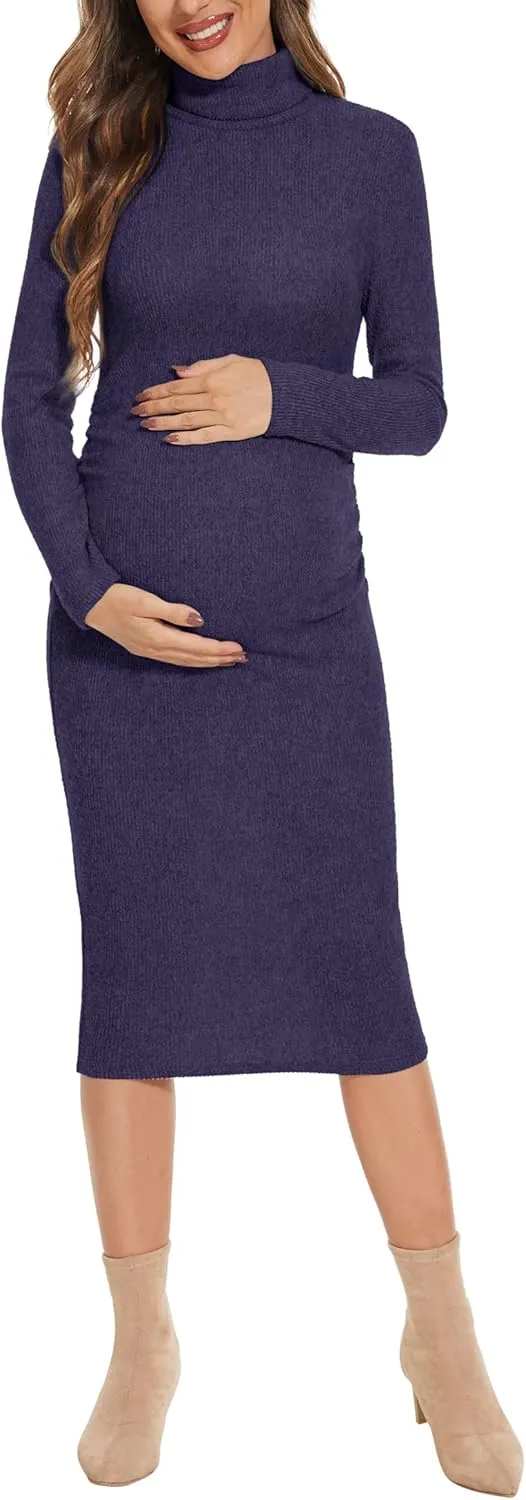 Turtleneck Ribbed Maternity Dress/Ruched Knit Sweater Bodycon Pregnancy Dress Casual Wear Baby Shower