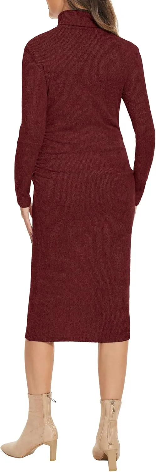 Turtleneck Ribbed Maternity Dress/Ruched Knit Sweater Bodycon Pregnancy Dress Casual Wear Baby Shower