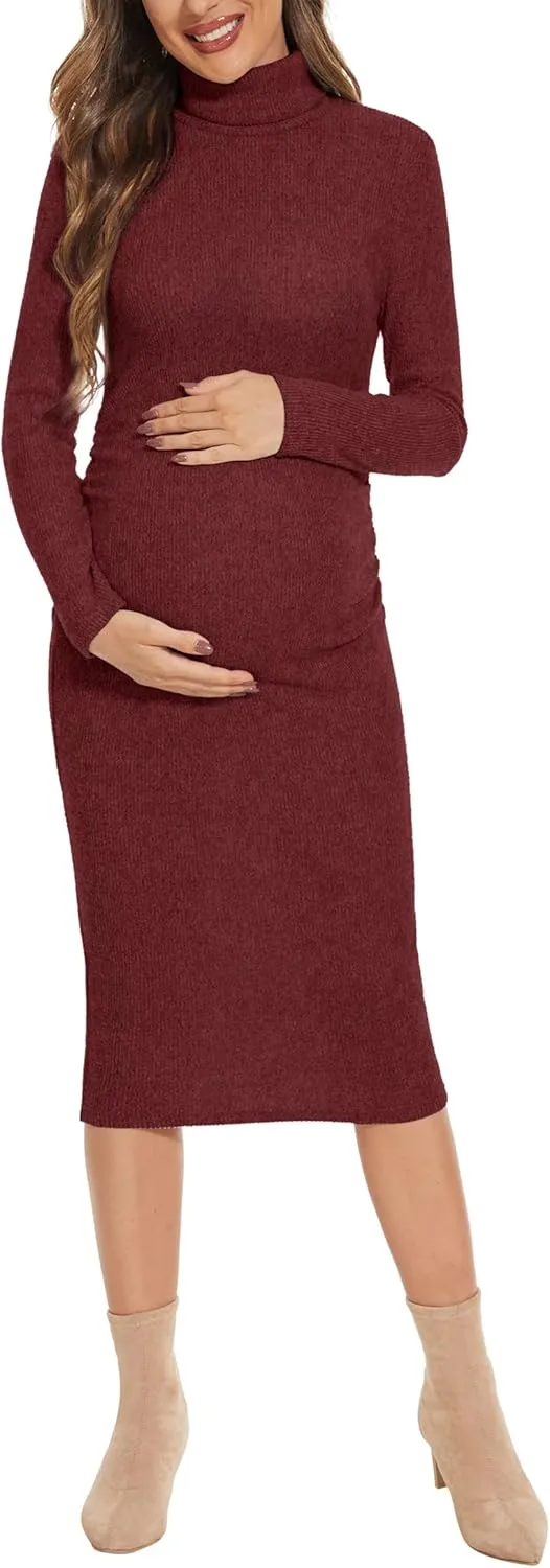 Turtleneck Ribbed Maternity Dress/Ruched Knit Sweater Bodycon Pregnancy Dress Casual Wear Baby Shower