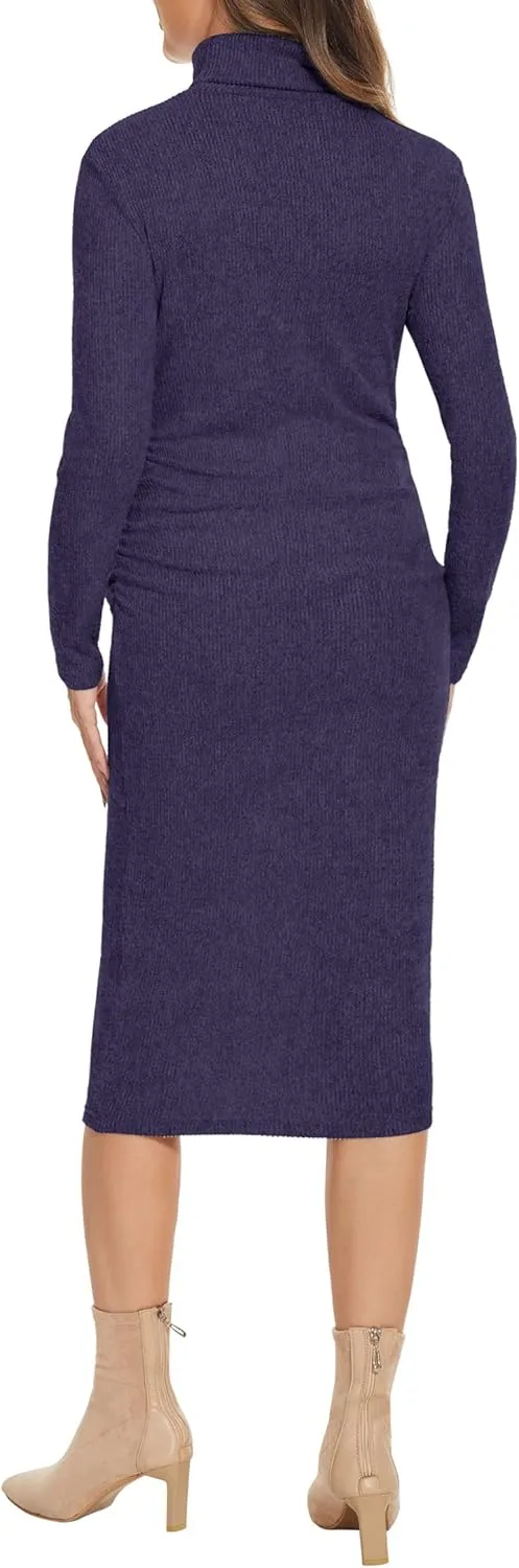 Turtleneck Ribbed Maternity Dress/Ruched Knit Sweater Bodycon Pregnancy Dress Casual Wear Baby Shower