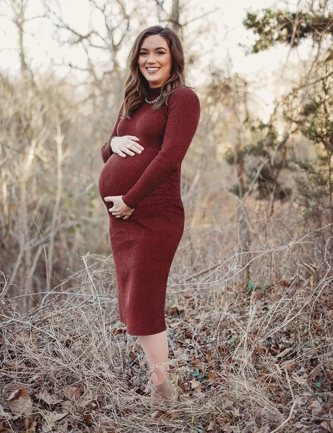 Turtleneck Ribbed Maternity Dress/Ruched Knit Sweater Bodycon Pregnancy Dress Casual Wear Baby Shower