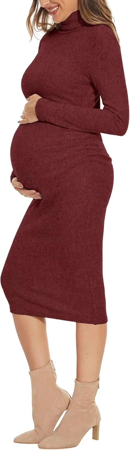 Turtleneck Ribbed Maternity Dress/Ruched Knit Sweater Bodycon Pregnancy Dress Casual Wear Baby Shower