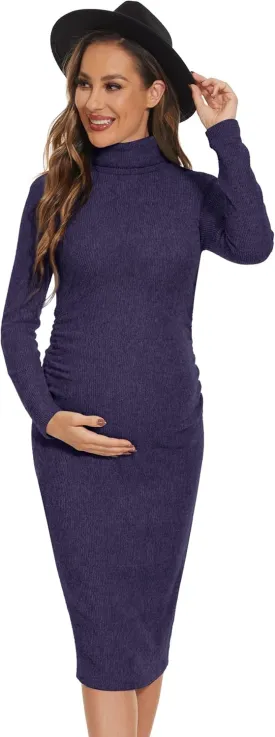 Turtleneck Ribbed Maternity Dress/Ruched Knit Sweater Bodycon Pregnancy Dress Casual Wear Baby Shower