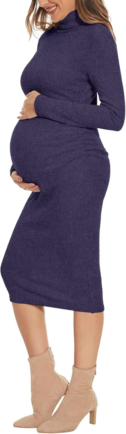 Turtleneck Ribbed Maternity Dress/Ruched Knit Sweater Bodycon Pregnancy Dress Casual Wear Baby Shower