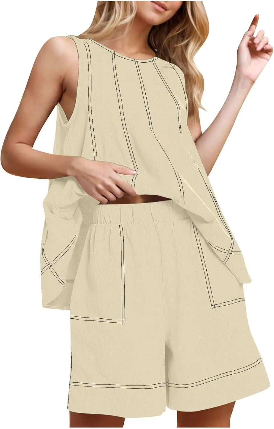 Two Piece Sets For Women Solid Color Contrasting Stitch Cotton Linen Vacation Outfits 2025 Summer Workout Loose Set