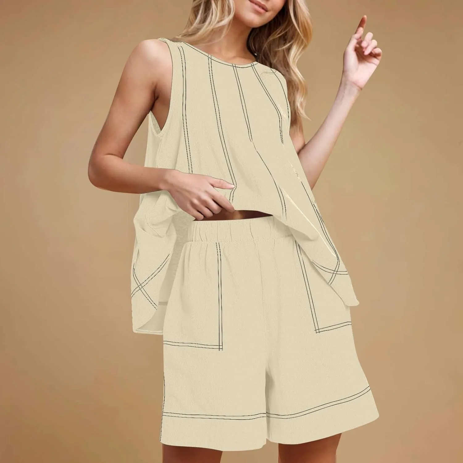 Two Piece Sets For Women Solid Color Contrasting Stitch Cotton Linen Vacation Outfits 2025 Summer Workout Loose Set