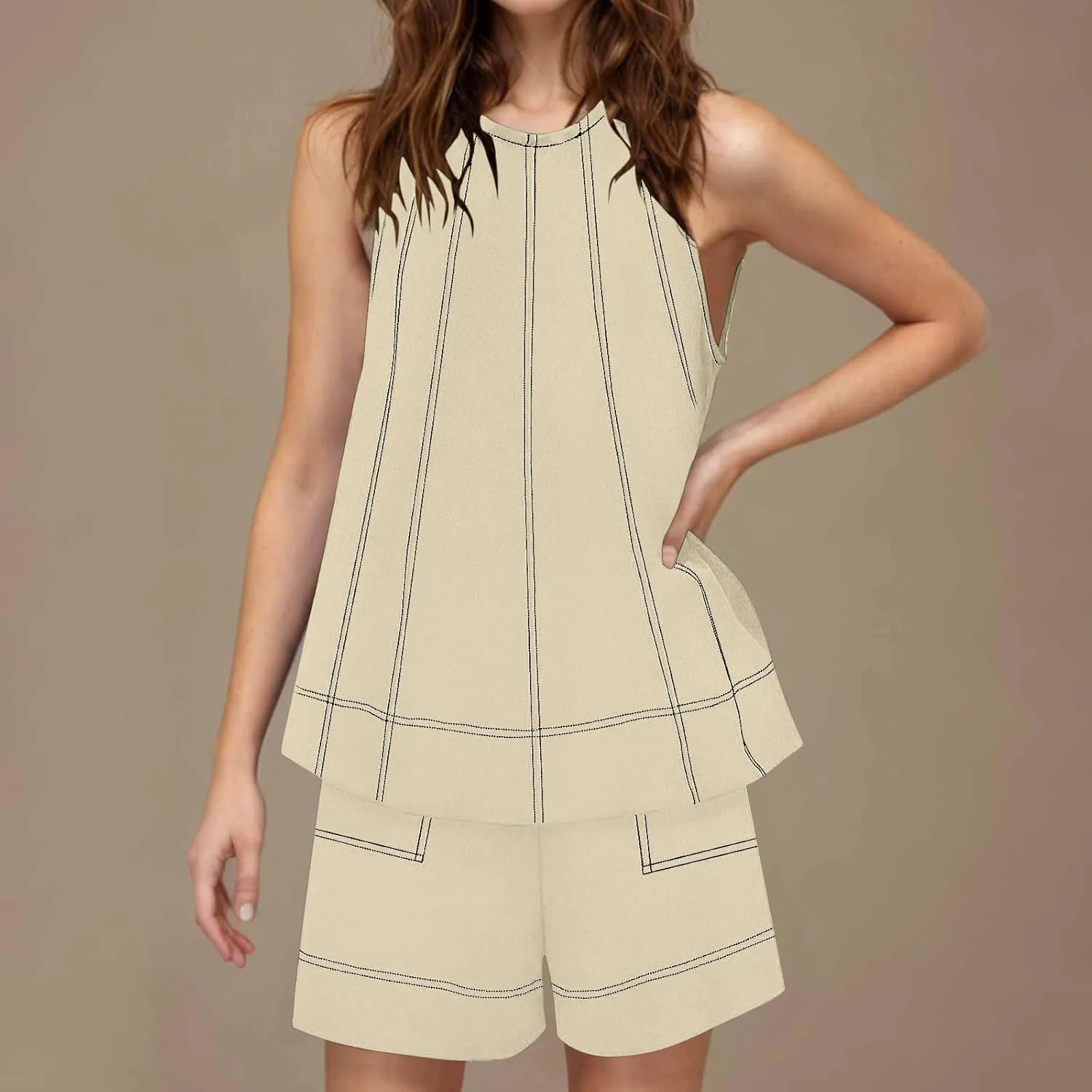 Two Piece Sets For Women Solid Color Contrasting Stitch Cotton Linen Vacation Outfits 2025 Summer Workout Loose Set