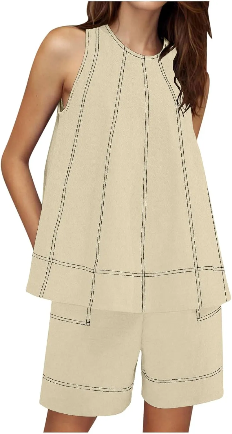Two Piece Sets For Women Solid Color Contrasting Stitch Cotton Linen Vacation Outfits 2025 Summer Workout Loose Set