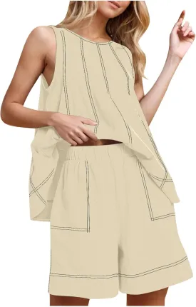 Two Piece Sets For Women Solid Color Contrasting Stitch Cotton Linen Vacation Outfits 2025 Summer Workout Loose Set