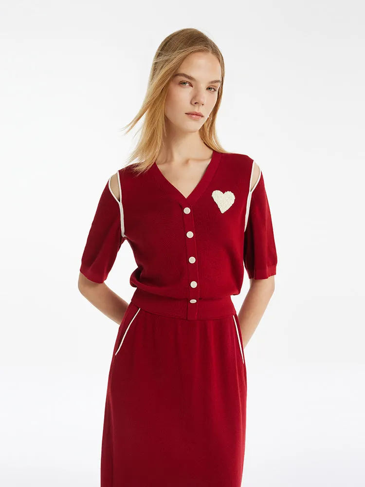 V-Neck Cut-Out Knitted Top And Half Skirt Two-Piece Set
