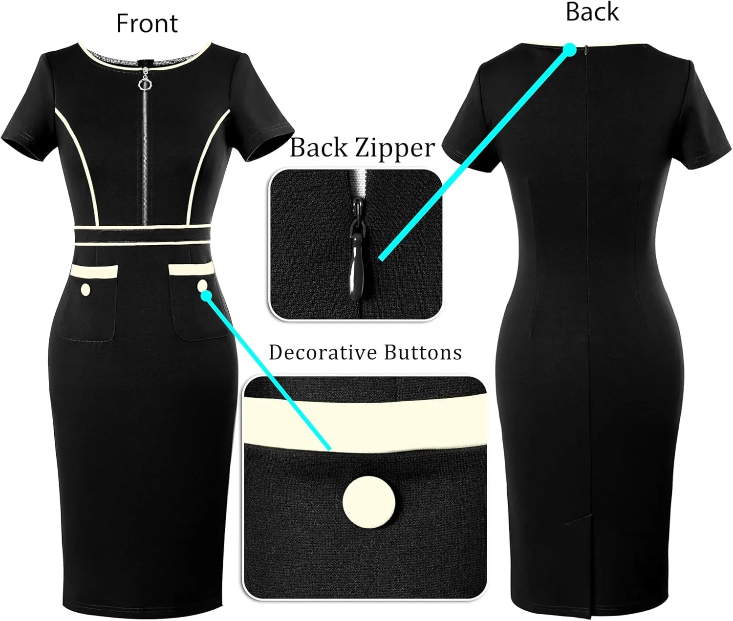 VFSHOW Womens 2024 Business Work Office Crew Neck Front Zipper Pockets Buttons Elegant Vintage Retro Bodycon Dress
