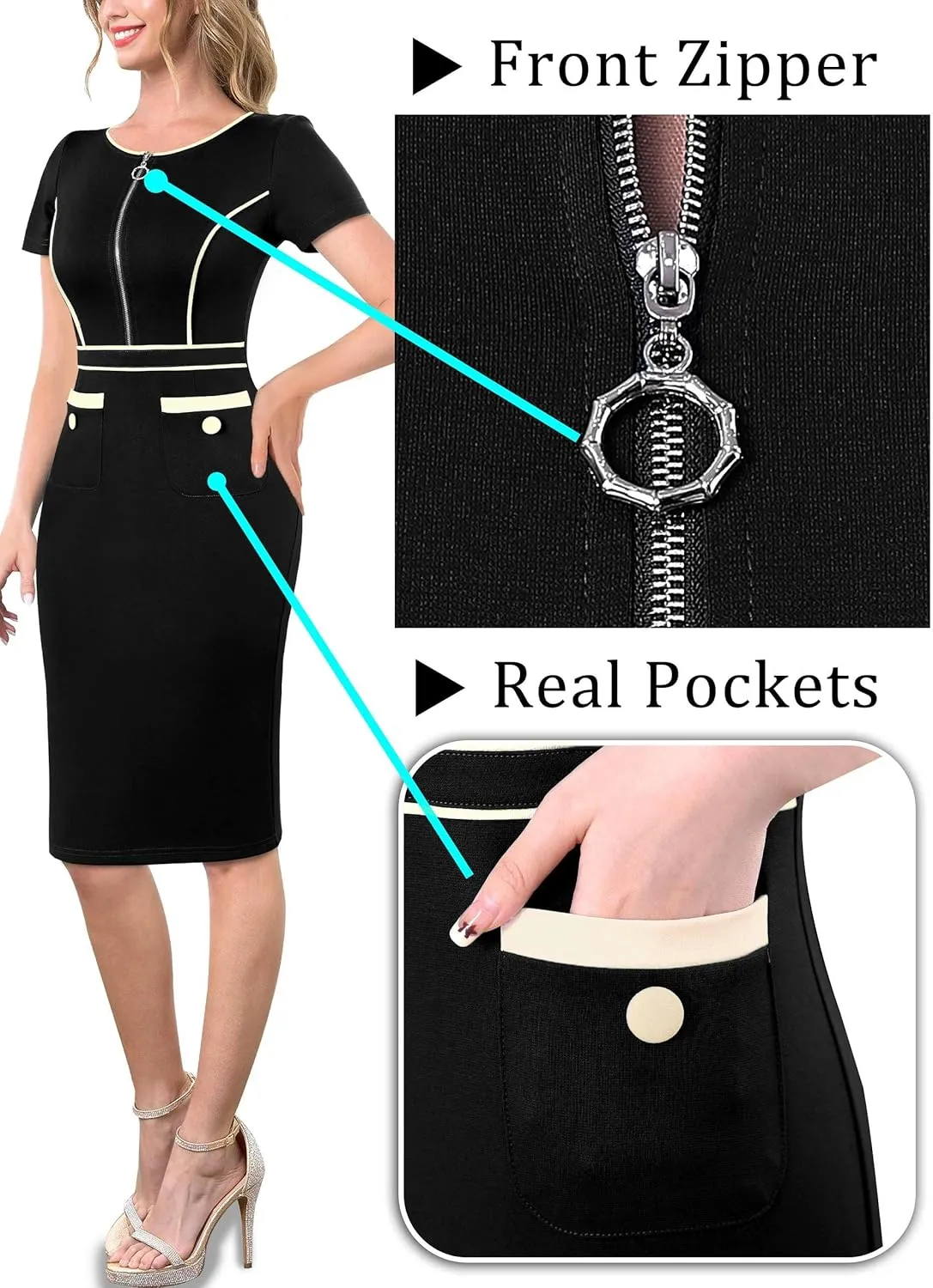 VFSHOW Womens 2024 Business Work Office Crew Neck Front Zipper Pockets Buttons Elegant Vintage Retro Bodycon Dress