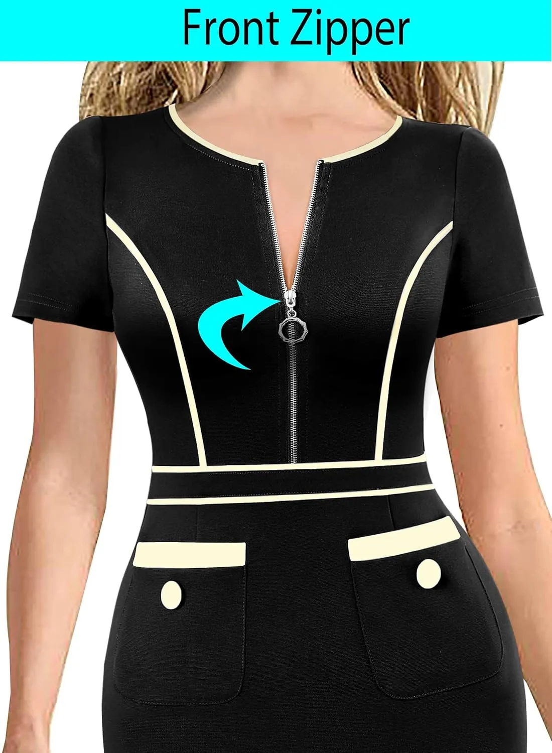 VFSHOW Womens 2024 Business Work Office Crew Neck Front Zipper Pockets Buttons Elegant Vintage Retro Bodycon Dress