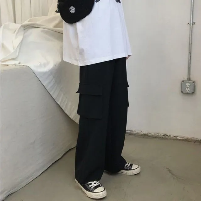 Wjczt Gothic Streetwear Women&#39;s Cargo Pants with Chain Punk Techwear Black Oversize Korean Fashion Wide Leg Trousers Alt