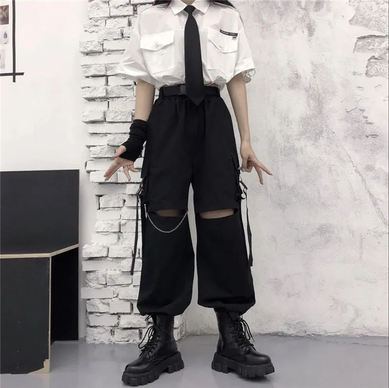 Wjczt Gothic Streetwear Women&#39;s Cargo Pants with Chain Punk Techwear Black Oversize Korean Fashion Wide Leg Trousers Alt
