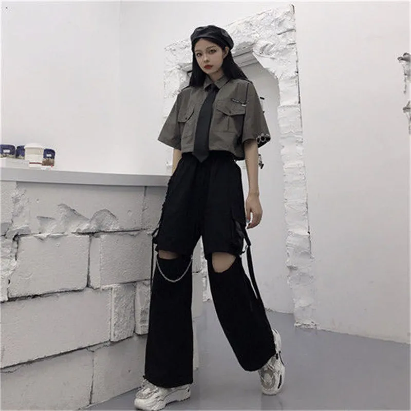 Wjczt Gothic Streetwear Women&#39;s Cargo Pants with Chain Punk Techwear Black Oversize Korean Fashion Wide Leg Trousers Alt