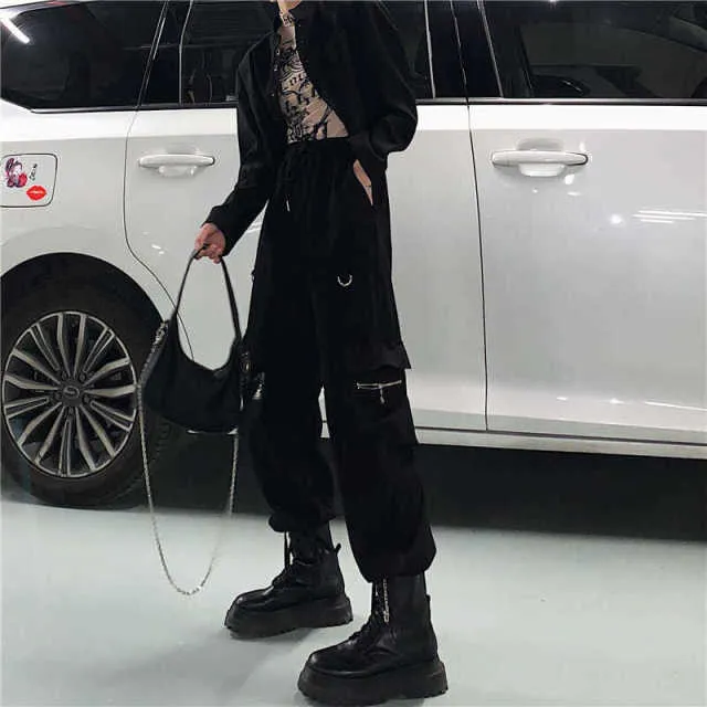 Wjczt Gothic Streetwear Women&#39;s Cargo Pants with Chain Punk Techwear Black Oversize Korean Fashion Wide Leg Trousers Alt