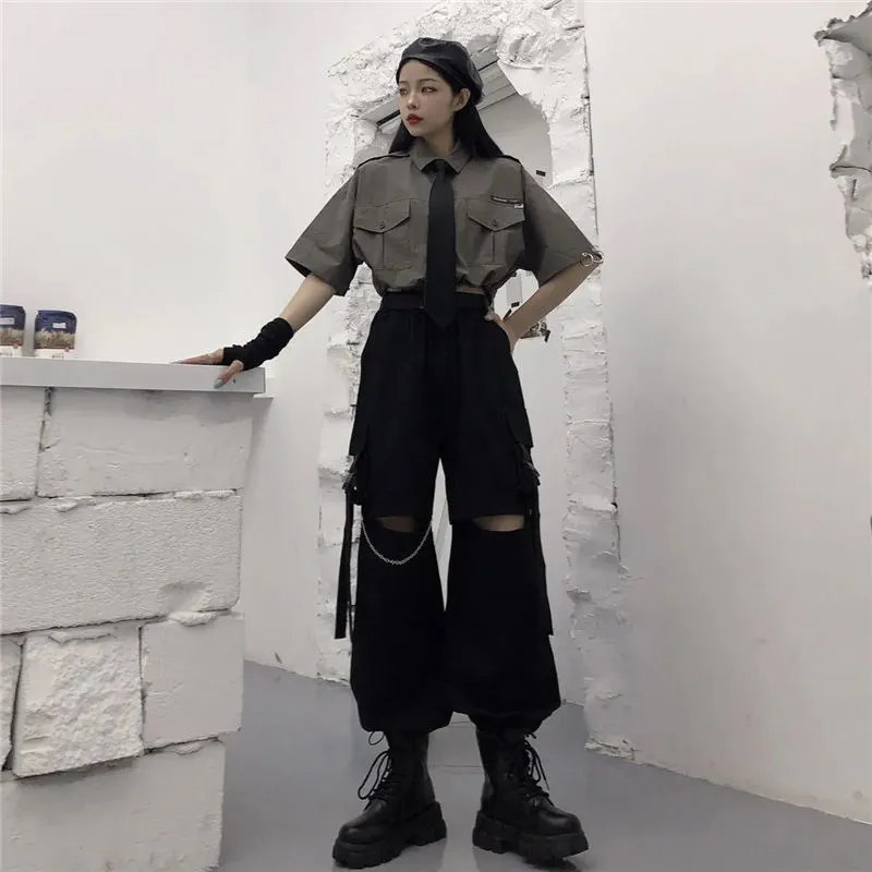Wjczt Gothic Streetwear Women&#39;s Cargo Pants with Chain Punk Techwear Black Oversize Korean Fashion Wide Leg Trousers Alt