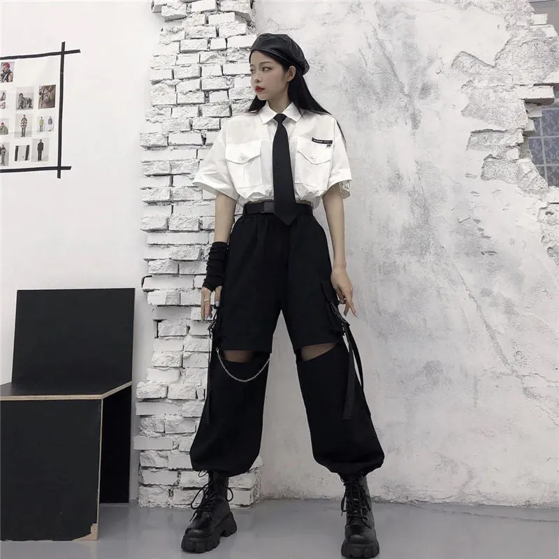 Wjczt Gothic Streetwear Women&#39;s Cargo Pants with Chain Punk Techwear Black Oversize Korean Fashion Wide Leg Trousers Alt