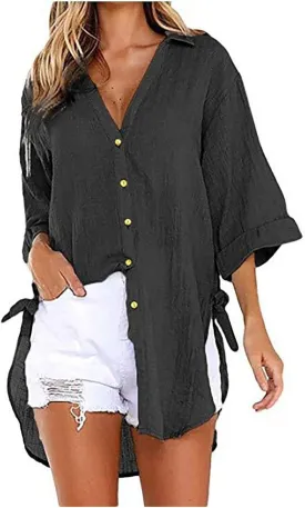 Women Long Sleeve Boyfriend Button Down Shirts Asymmetrical Casual Lace Up Oversized Tunic Tops
