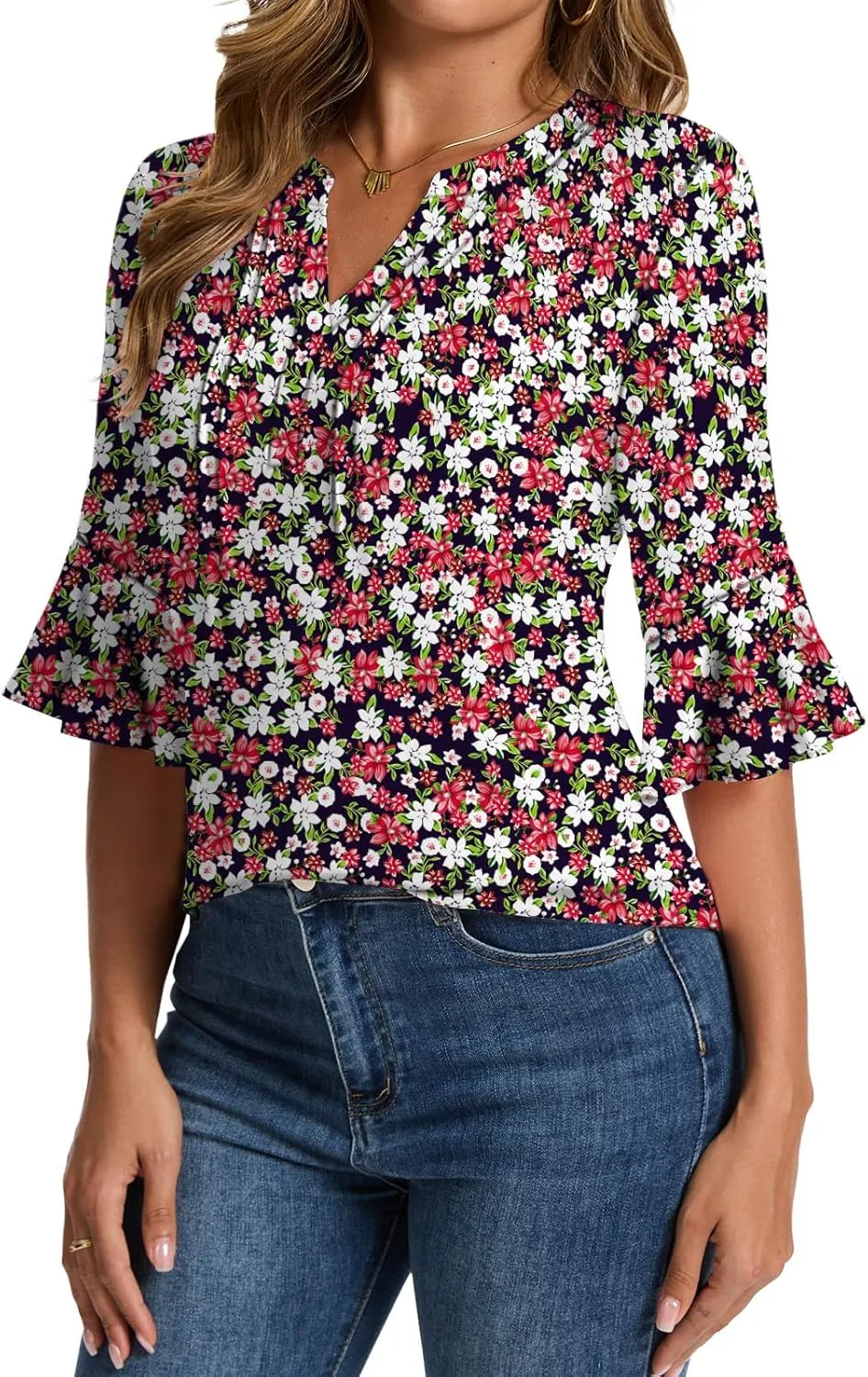 Womens 3/4 Sleeve Tops Shirts for Women Spring Fashion Clothes Trendy Summer Blouses S-XXL