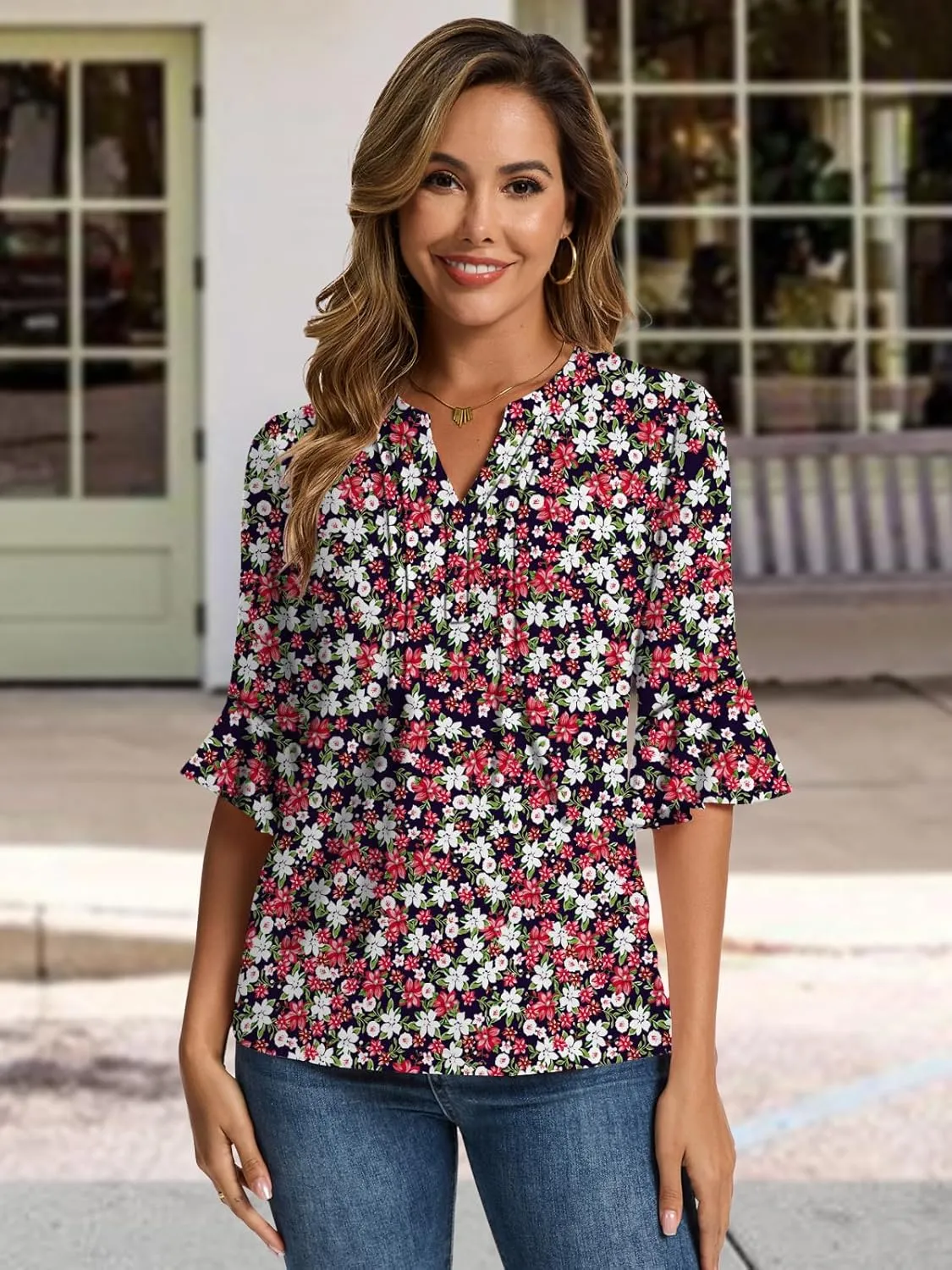 Womens 3/4 Sleeve Tops Shirts for Women Spring Fashion Clothes Trendy Summer Blouses S-XXL