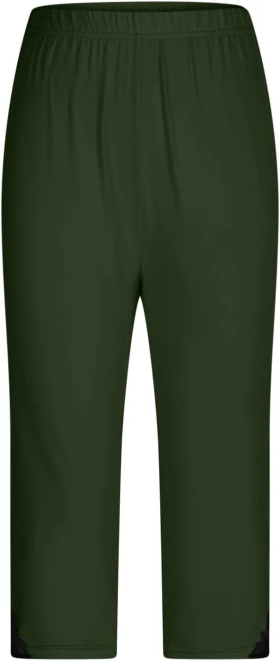 Women's Capri Summer Pants High Waisted Yoga Leggings Lace Trim Workout Pants Comfy Causal Pants Soft Gym Leggings