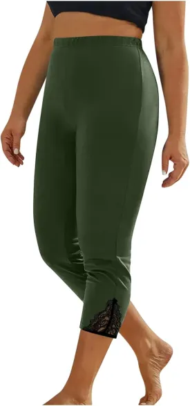 Women's Capri Summer Pants High Waisted Yoga Leggings Lace Trim Workout Pants Comfy Causal Pants Soft Gym Leggings