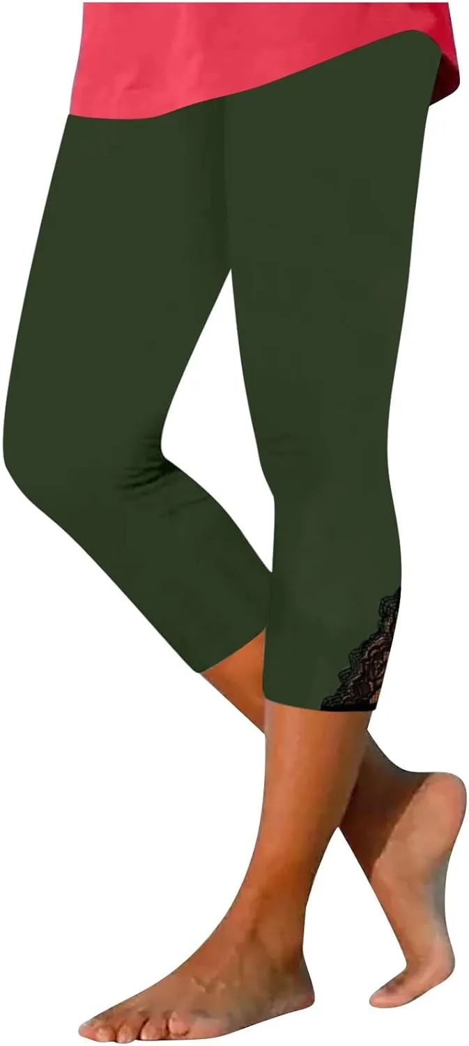 Women's Capri Summer Pants High Waisted Yoga Leggings Lace Trim Workout Pants Comfy Causal Pants Soft Gym Leggings