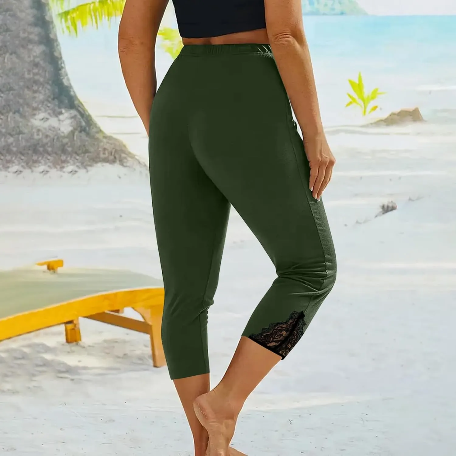 Women's Capri Summer Pants High Waisted Yoga Leggings Lace Trim Workout Pants Comfy Causal Pants Soft Gym Leggings