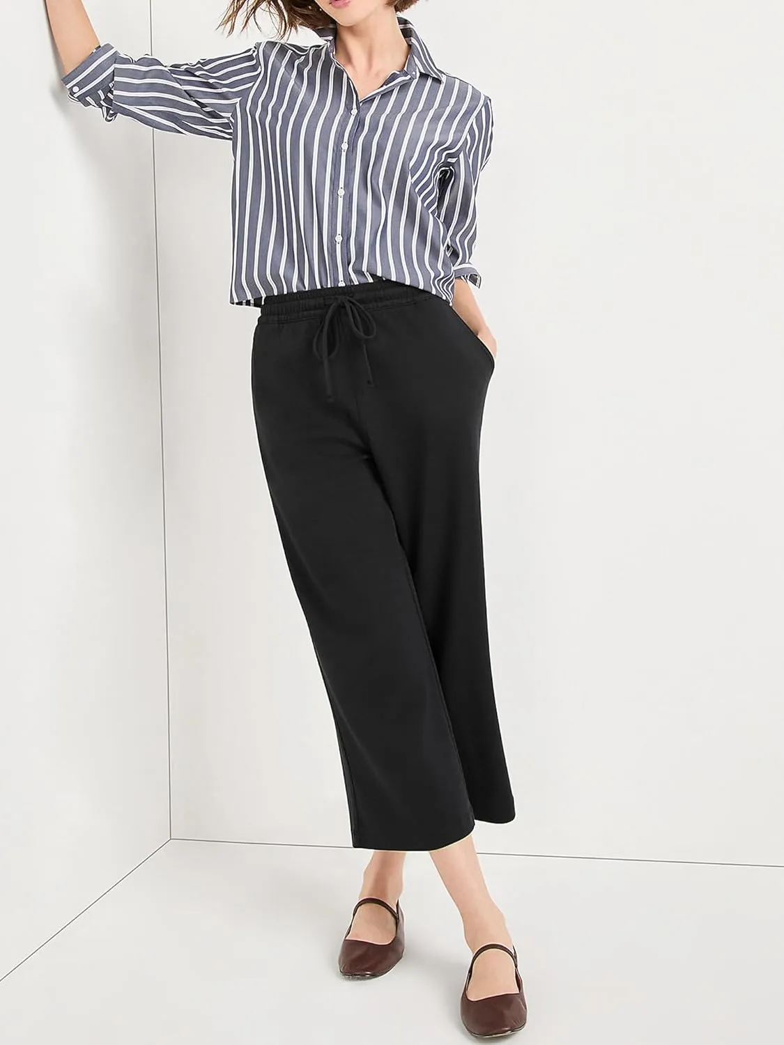 Women's High Waisted Wide Leg Capri Pants, Sport Knit Cropped Trousers, Comfort Fit for Yoga & Casual Wear