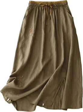 Womens Linen Cotton Skirts Drawstring Elastic Waist Comfy Loose Boho Skirts with Pockets Lightweight Sumnmer Skirts