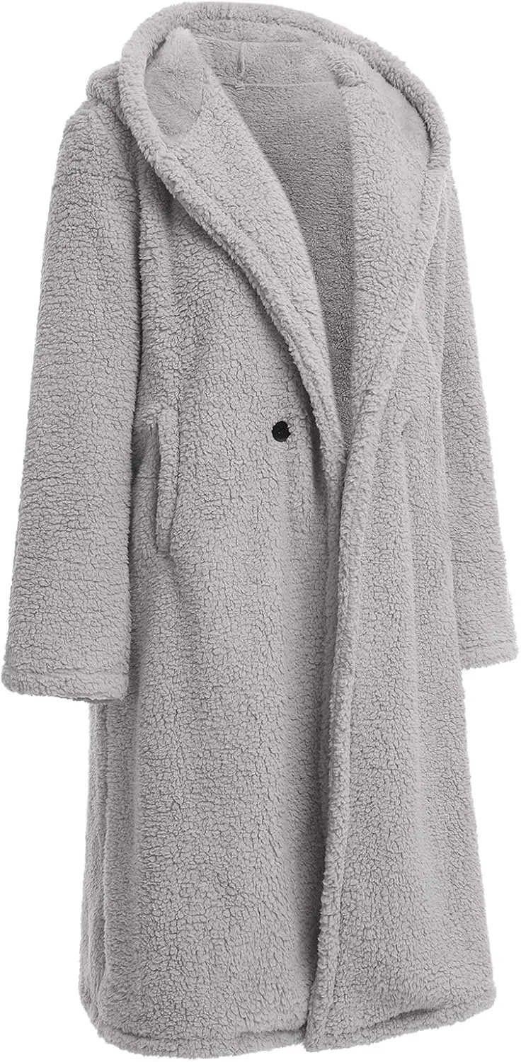 Women's Long Winter Coat Oversized Fuzzy Fleece Jacket Hooded Button Down Faux Fur Warm Outerwear with Pockets