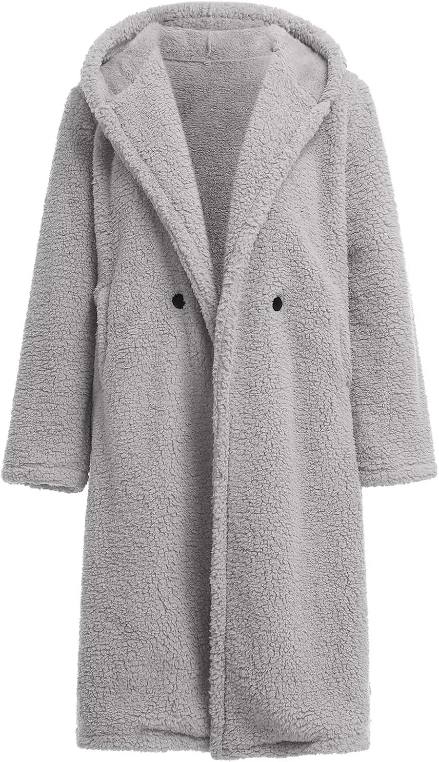 Women's Long Winter Coat Oversized Fuzzy Fleece Jacket Hooded Button Down Faux Fur Warm Outerwear with Pockets