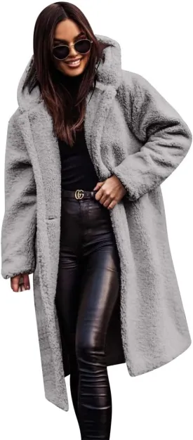 Women's Long Winter Coat Oversized Fuzzy Fleece Jacket Hooded Button Down Faux Fur Warm Outerwear with Pockets