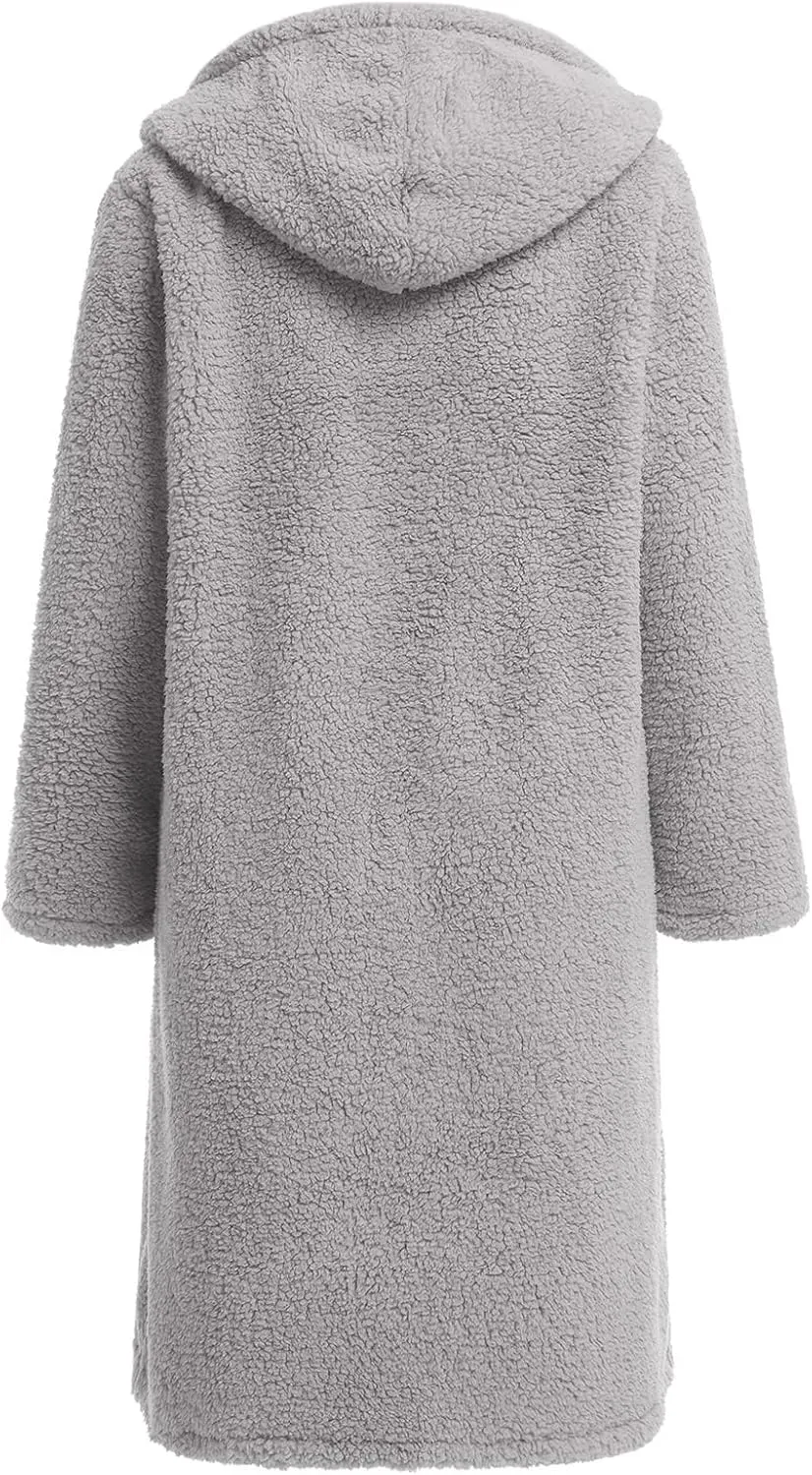 Women's Long Winter Coat Oversized Fuzzy Fleece Jacket Hooded Button Down Faux Fur Warm Outerwear with Pockets
