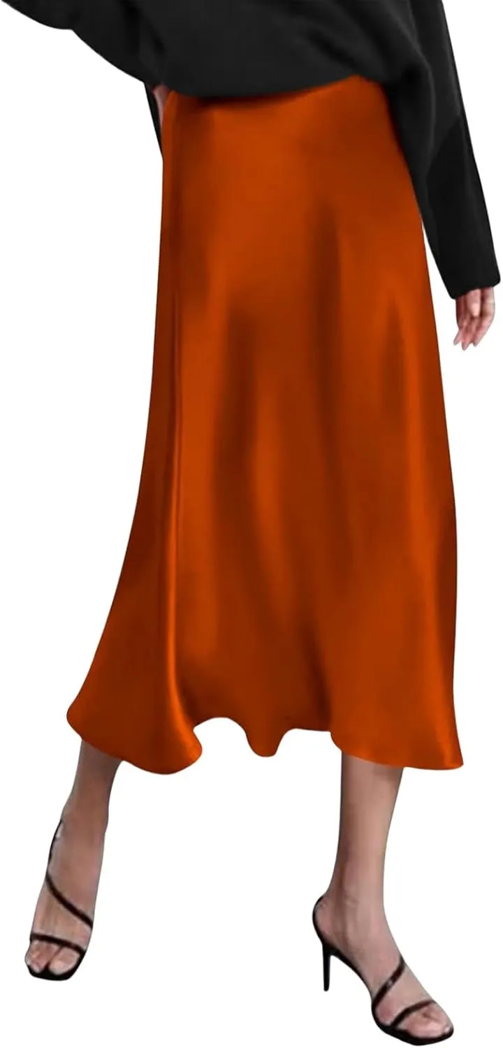 Womens Satin Silk Maxi Skirts Fashion Elastic High Waist Skirt Summer Casual Solid Color A Line Cocktail Party Skirt