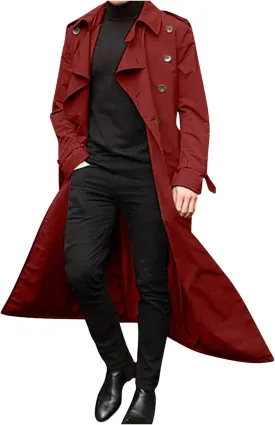 Xiaojmake Men's Slim Fit Trench Coat Double Breasted Mid-Long Jacket Notched Lapel Belted Windbreaker Fall Windproof Coat Top