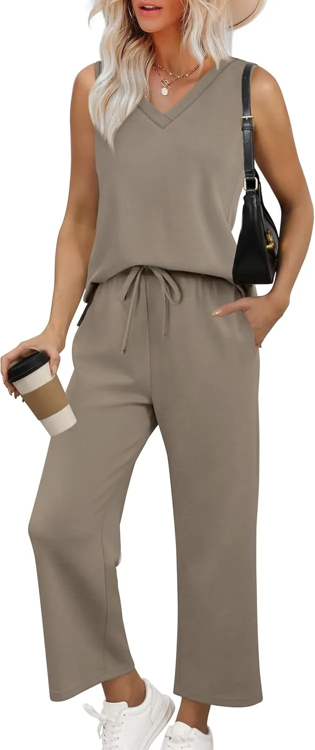 XIEERDUO Two Piece Sets for Women Summer Vacation Travel Outfits V Neck Lounge Matching Sets