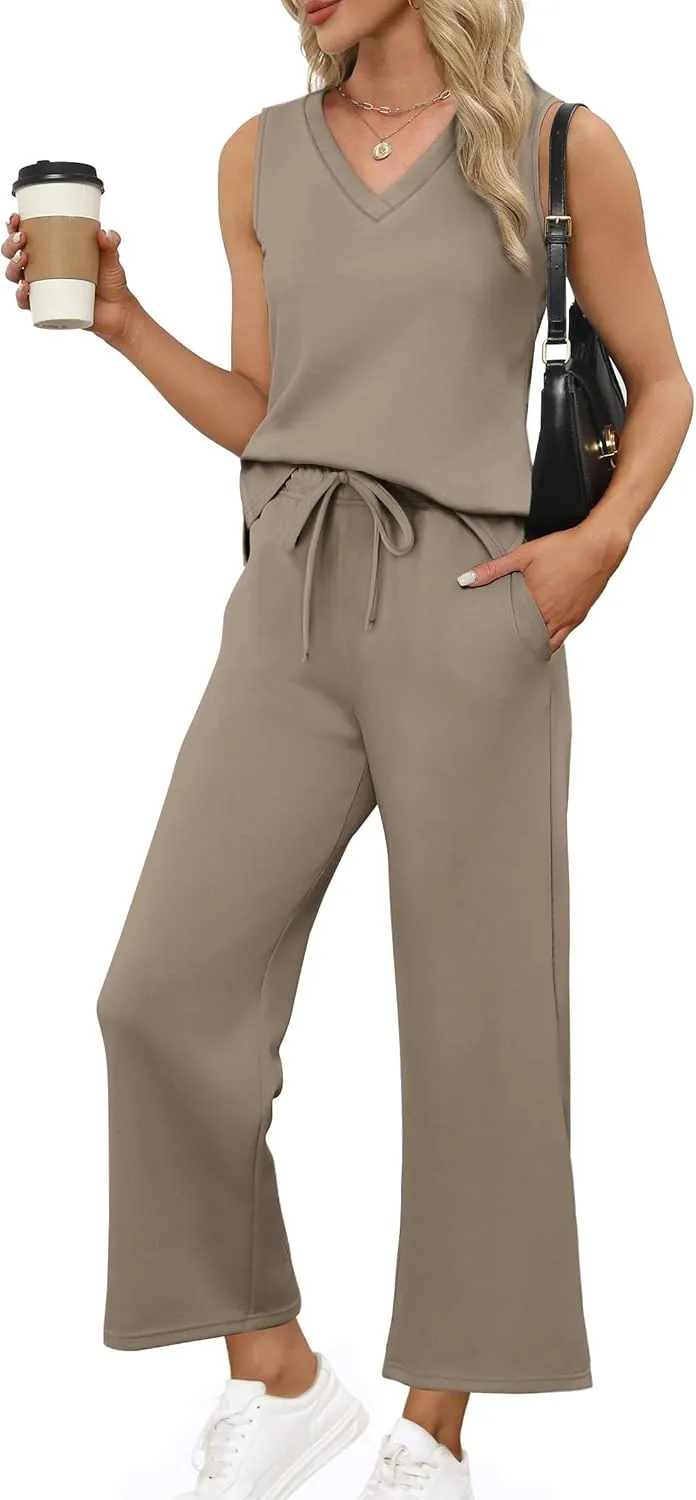 XIEERDUO Two Piece Sets for Women Summer Vacation Travel Outfits V Neck Lounge Matching Sets